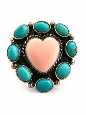Pink Conch Heart and Kingman Turquoise  Sterling Silver Statement Ring